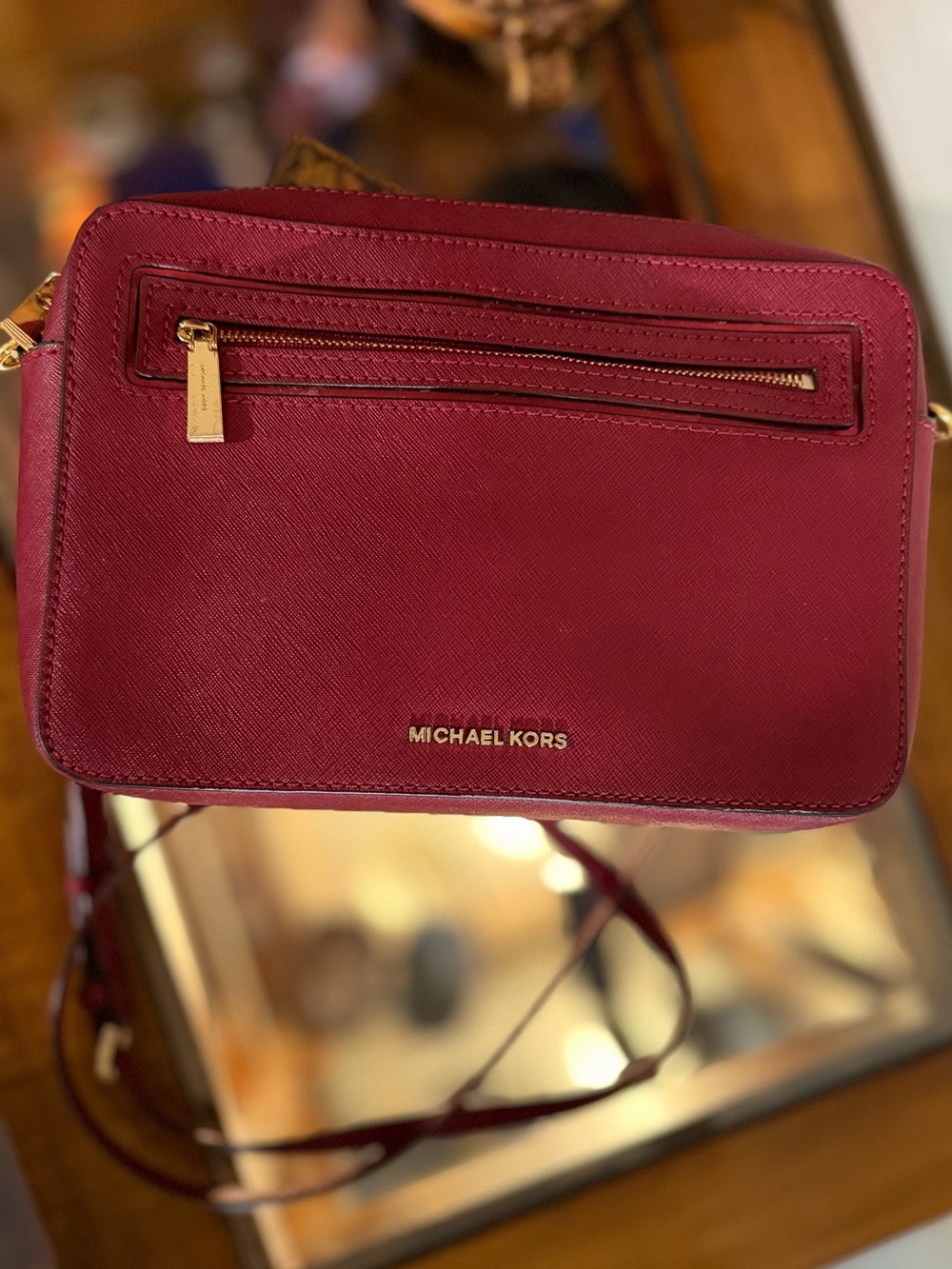 Michael Kors Large EW Saffiano Leather Crossbody Bag Cherry Red Gold Chain
